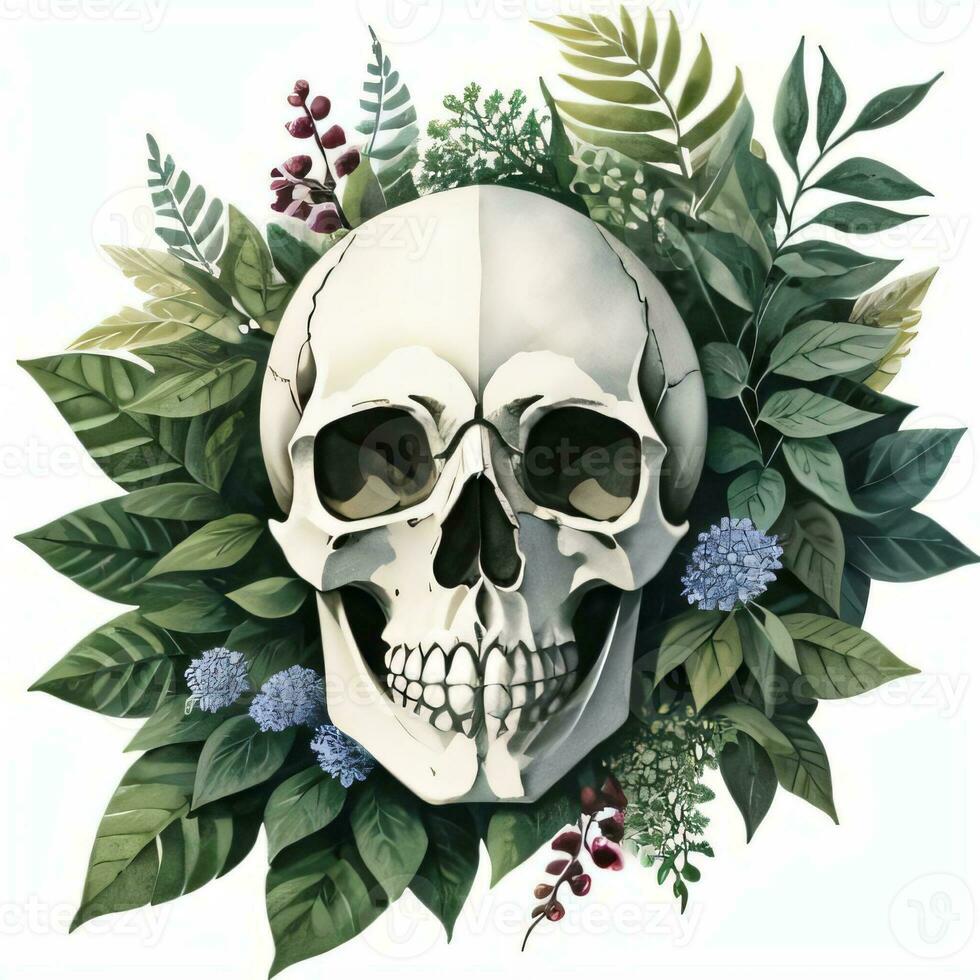 Watercolor Skull and Leaves Clipart photo