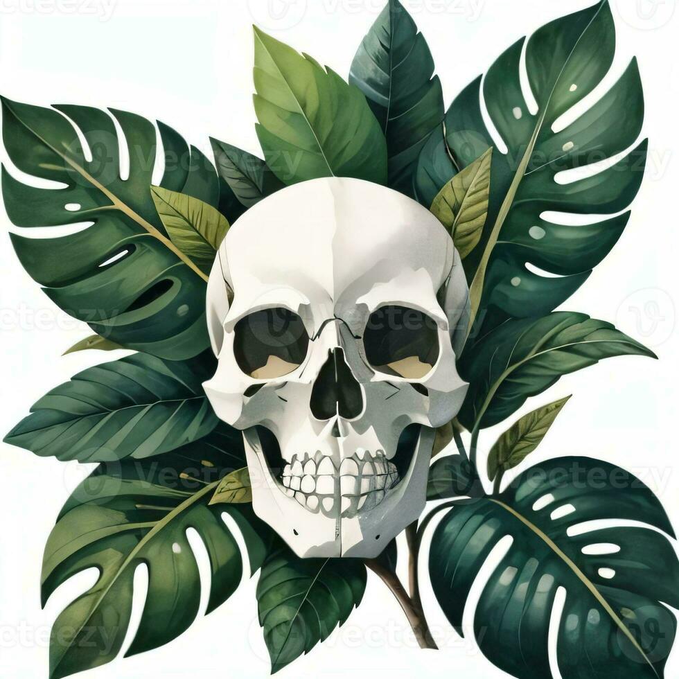 Watercolor Skull and Leaves Clipart photo