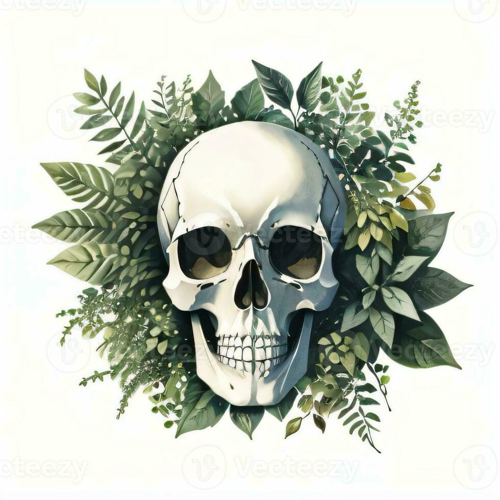 Watercolor Skull and Leaves Clipart photo