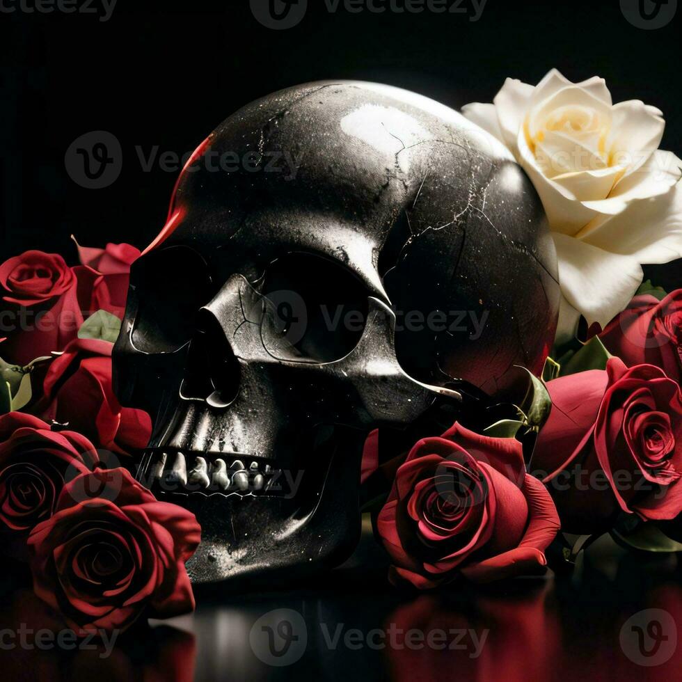 The Skull and Roses on the Black Background photo