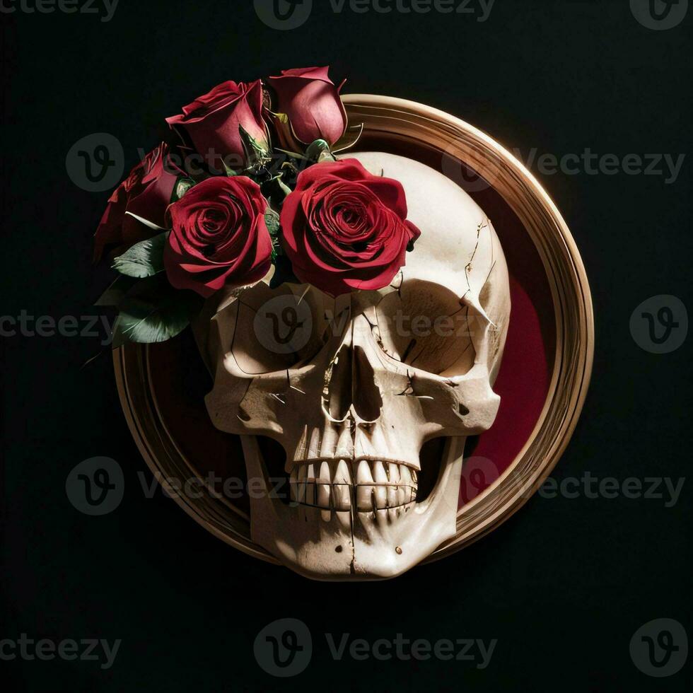 The Skull and Roses on the Black Background photo