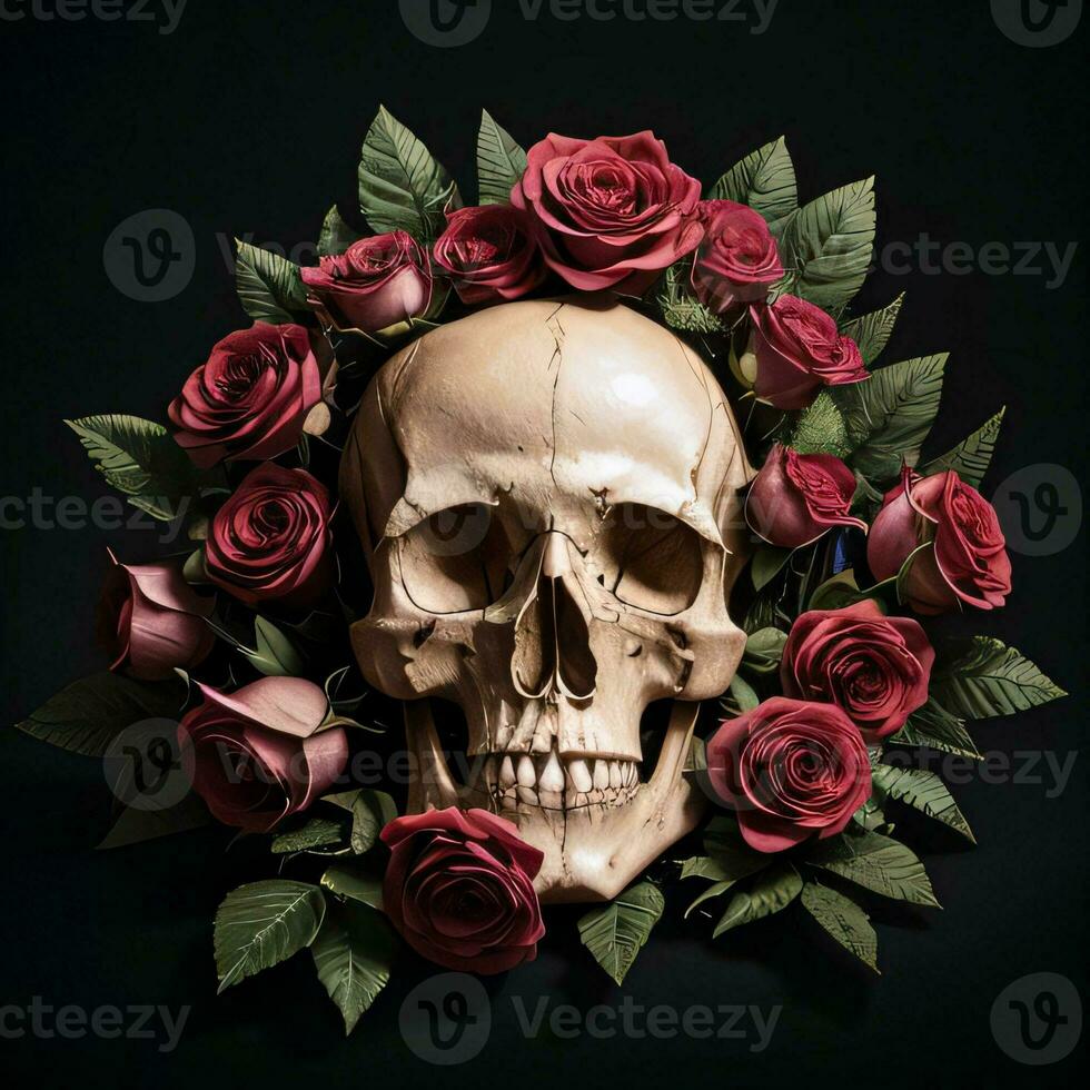 The Skull and Roses on the Black Background photo