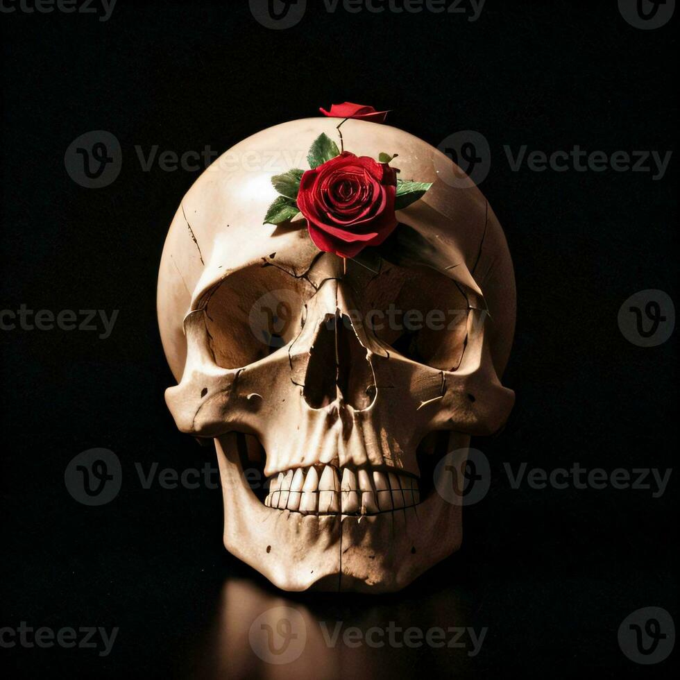 The Skull and Roses on the Black Background photo