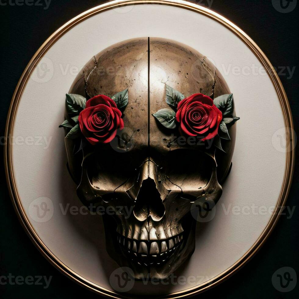 The Skull and Roses on the Black Background photo