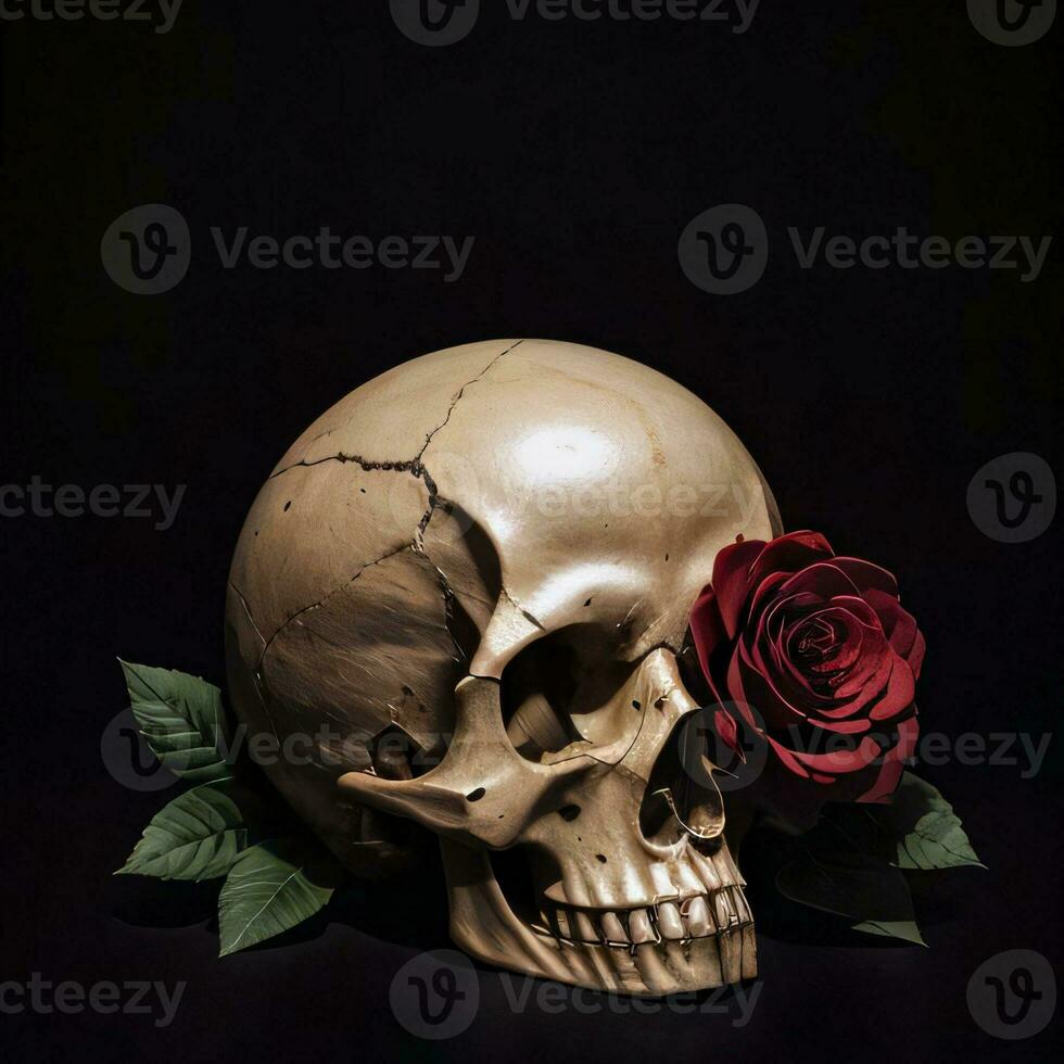 The Skull and Roses on the Black Background photo