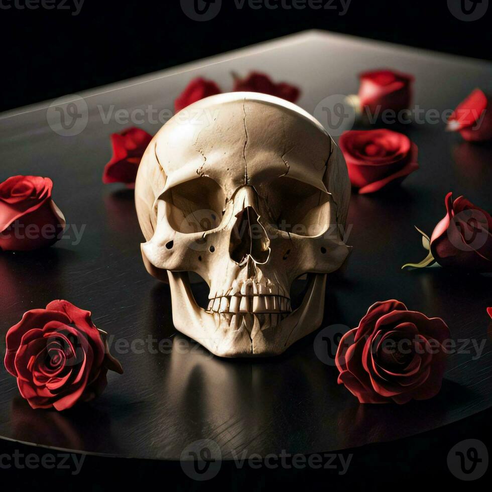 The Skull and Roses on the Black Background photo