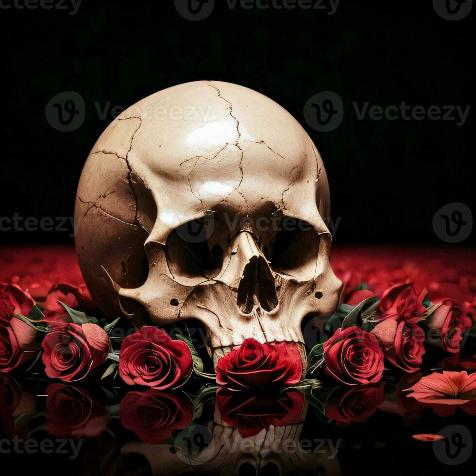 The Skull and Roses on the Black Background photo