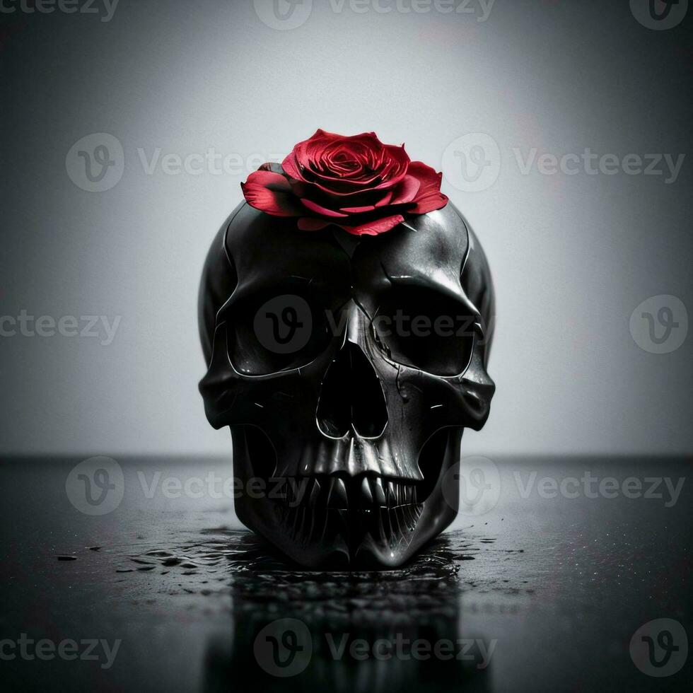 The Skull and Roses on the Black Background photo