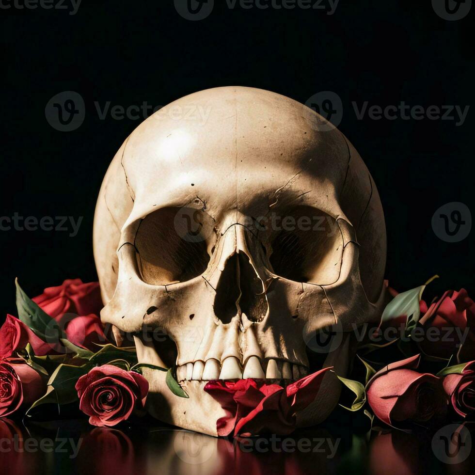 The Skull and Roses on the Black Background photo