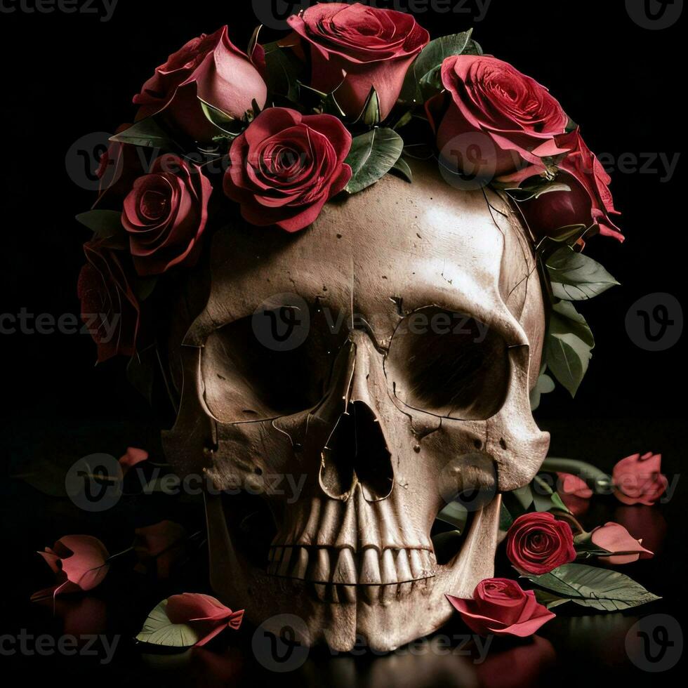 The Skull and Roses on the Black Background photo