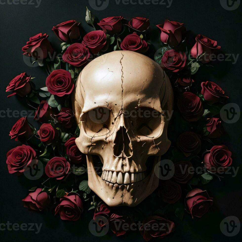 The Skull and Roses on the Black Background photo