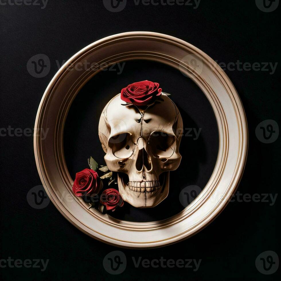 The Skull and Roses on the Black Background photo