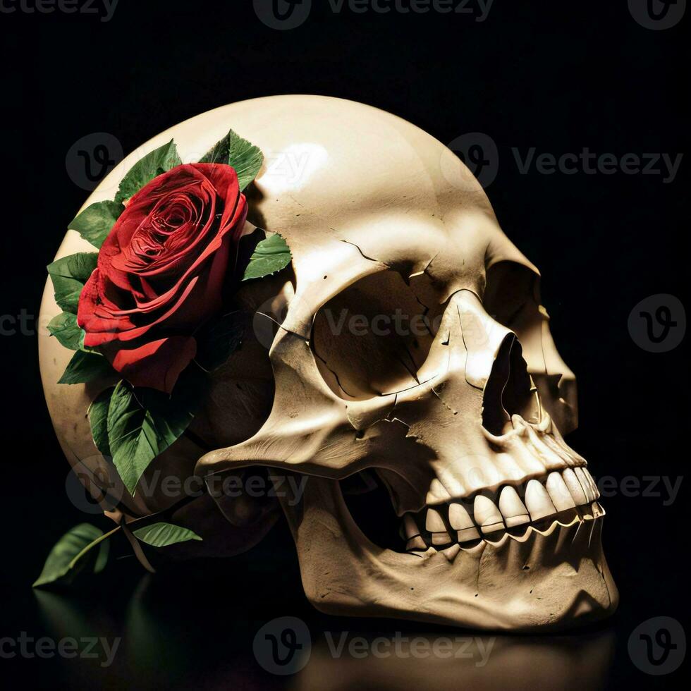 The Skull and Roses on the Black Background photo