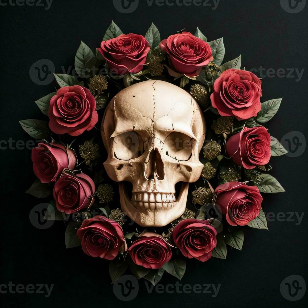 The Skull and Roses on the Black Background photo