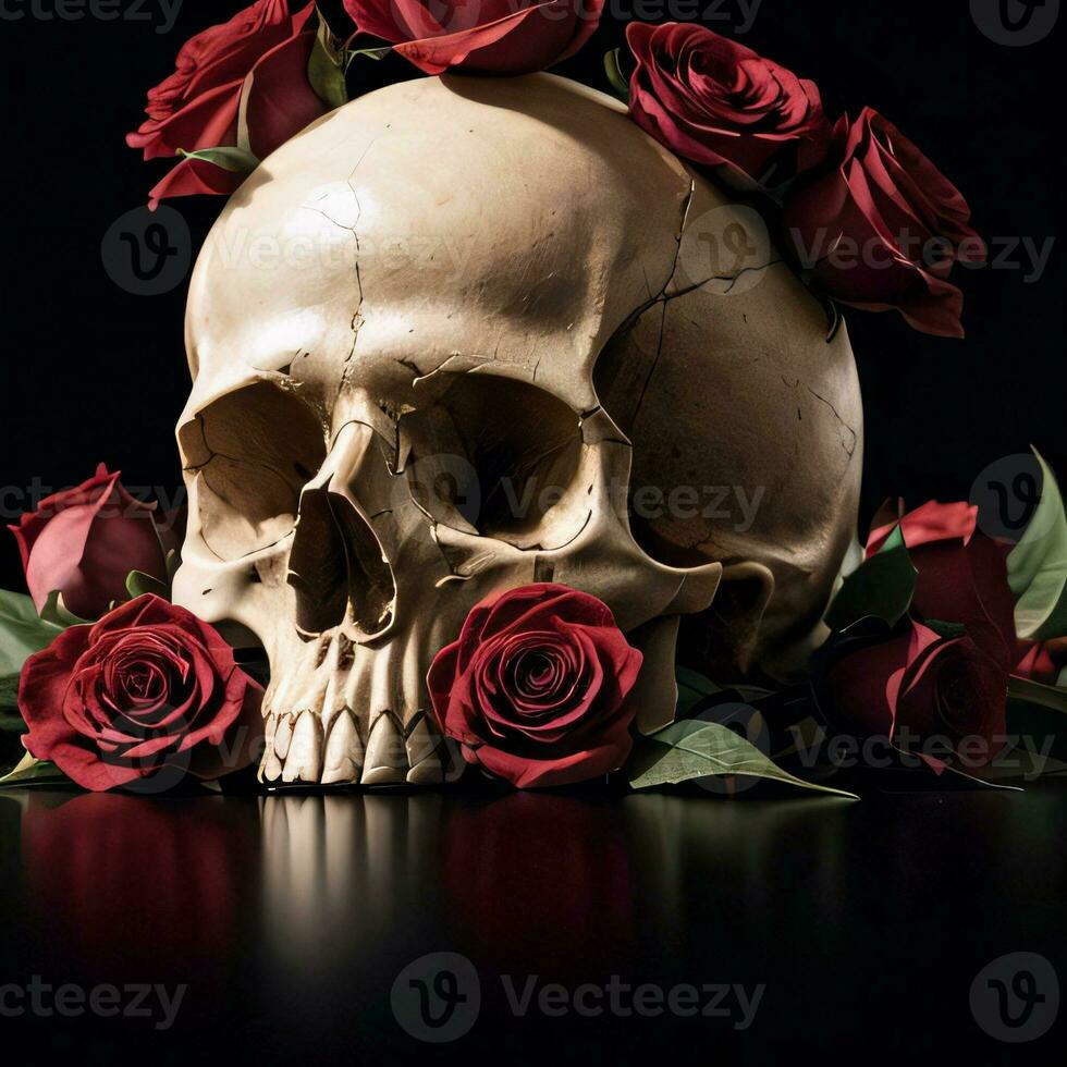 The Skull and Roses on the Black Background photo