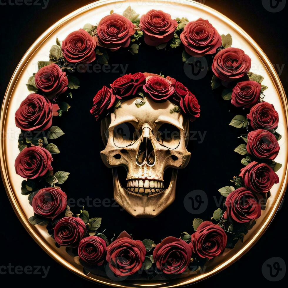 The Skull and Roses on the Black Background photo