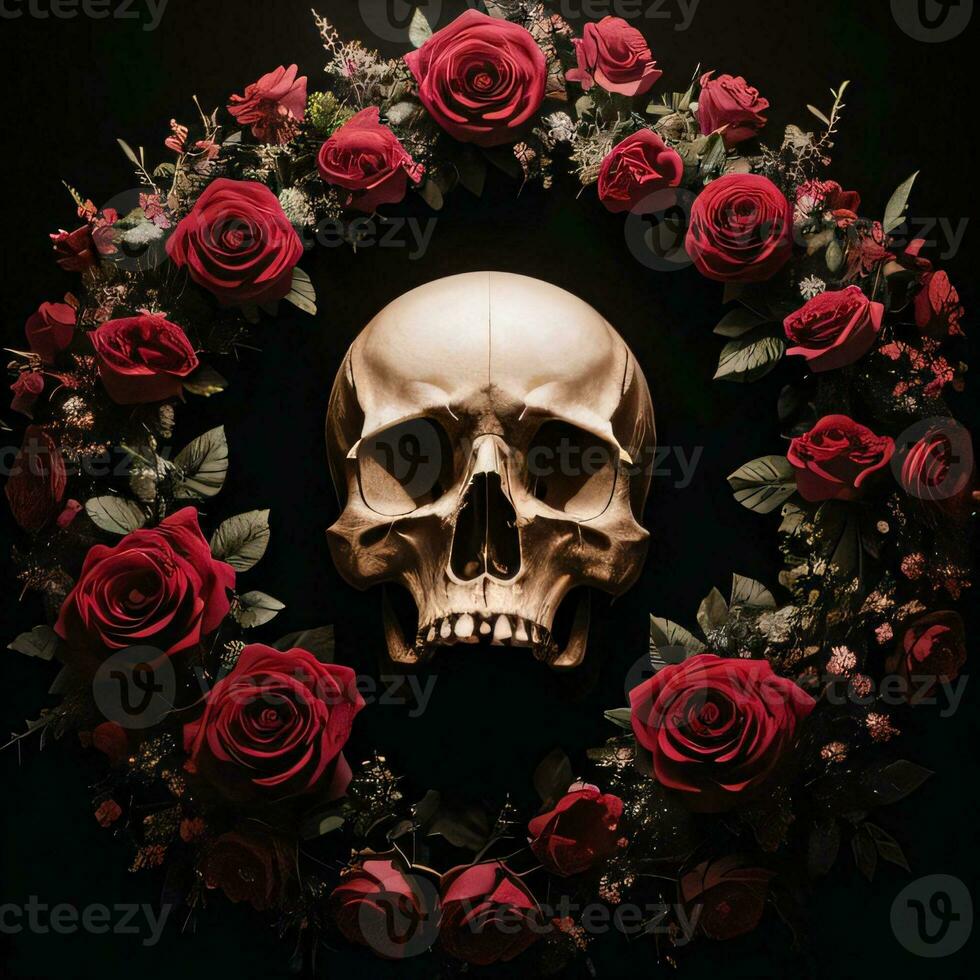 The Skull and Roses on the Black Background photo