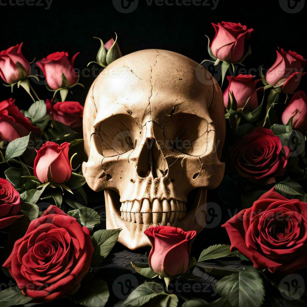 The Skull and Roses on the Black Background photo