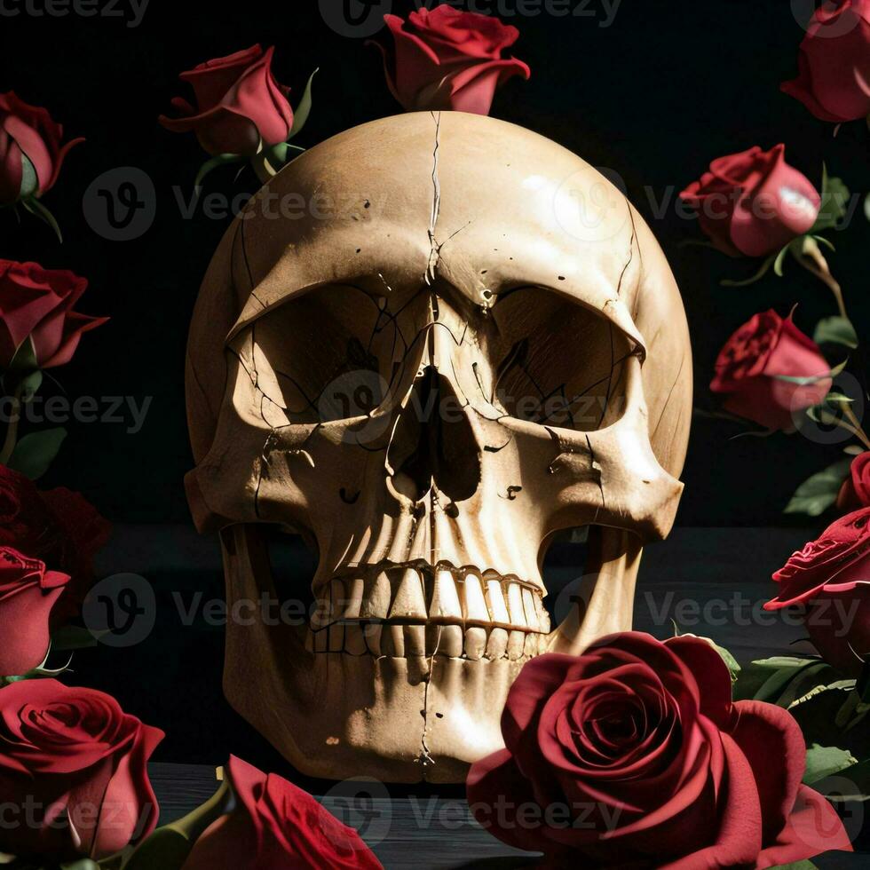 The Skull and Roses on the Black Background photo