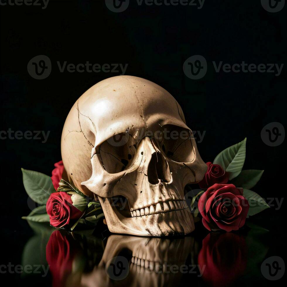 The Skull and Roses on the Black Background photo