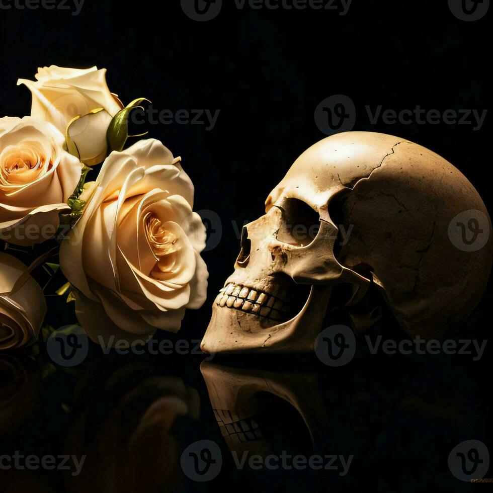 The Skull and Roses on the Black Background photo