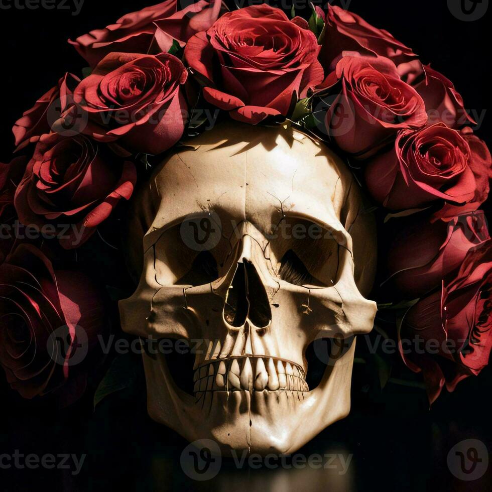 The Skull and Roses on the Black Background photo