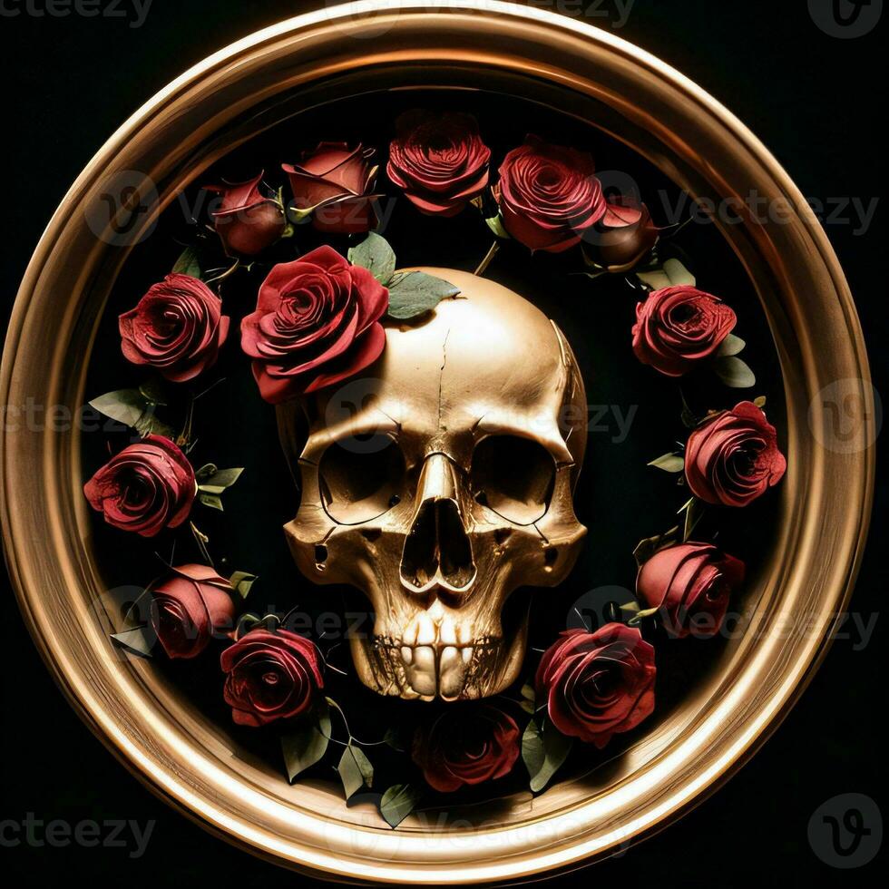 The Skull and Roses on the Black Background photo