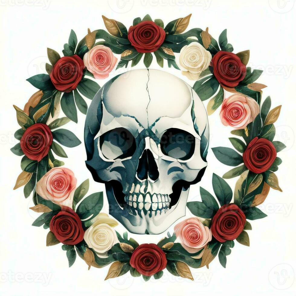 Watercolor Skull and Roses Clipart photo