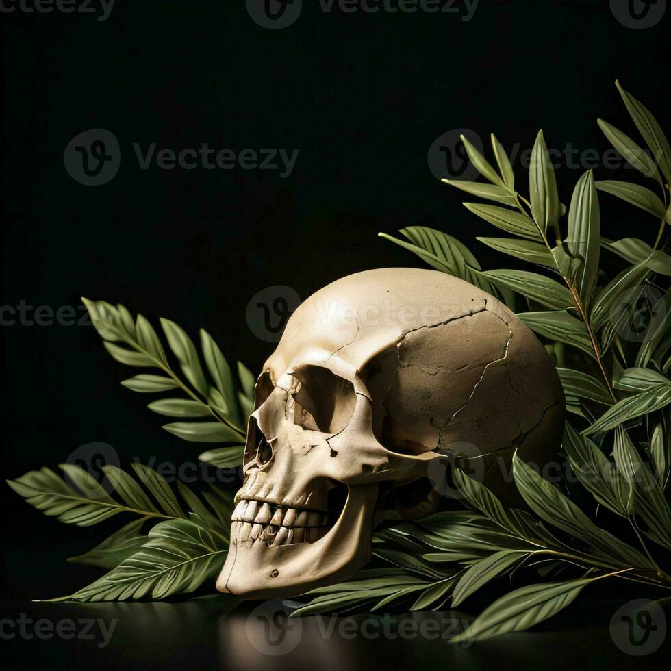 Skull and foliage on the black background photo