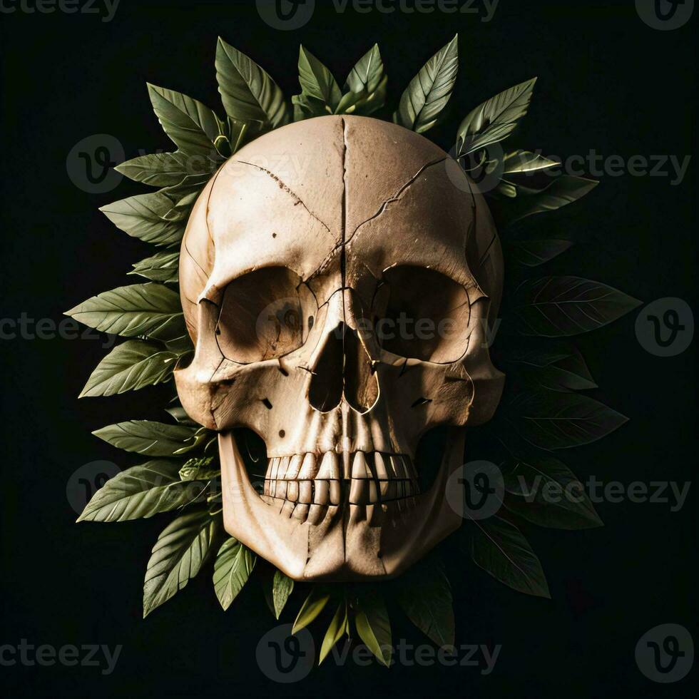 Skull and foliage on the black background photo