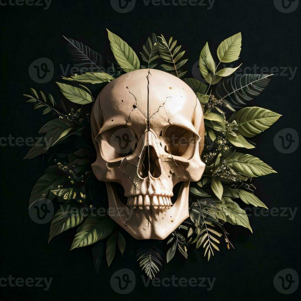 Skull and foliage on the black background photo