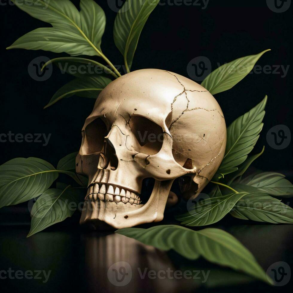 Skull and foliage on the black background photo