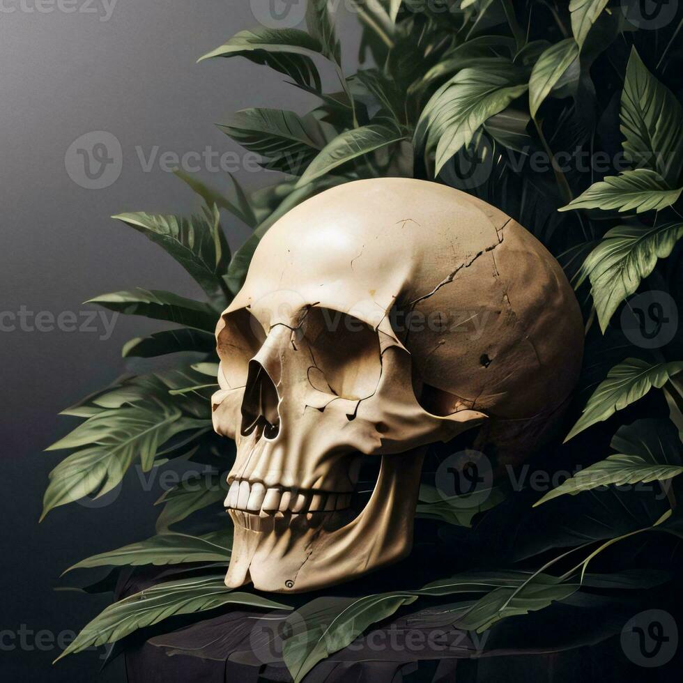 Skull and foliage on the black background photo