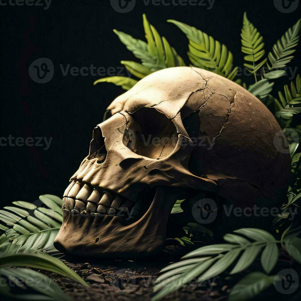 Skull and foliage on the black background photo