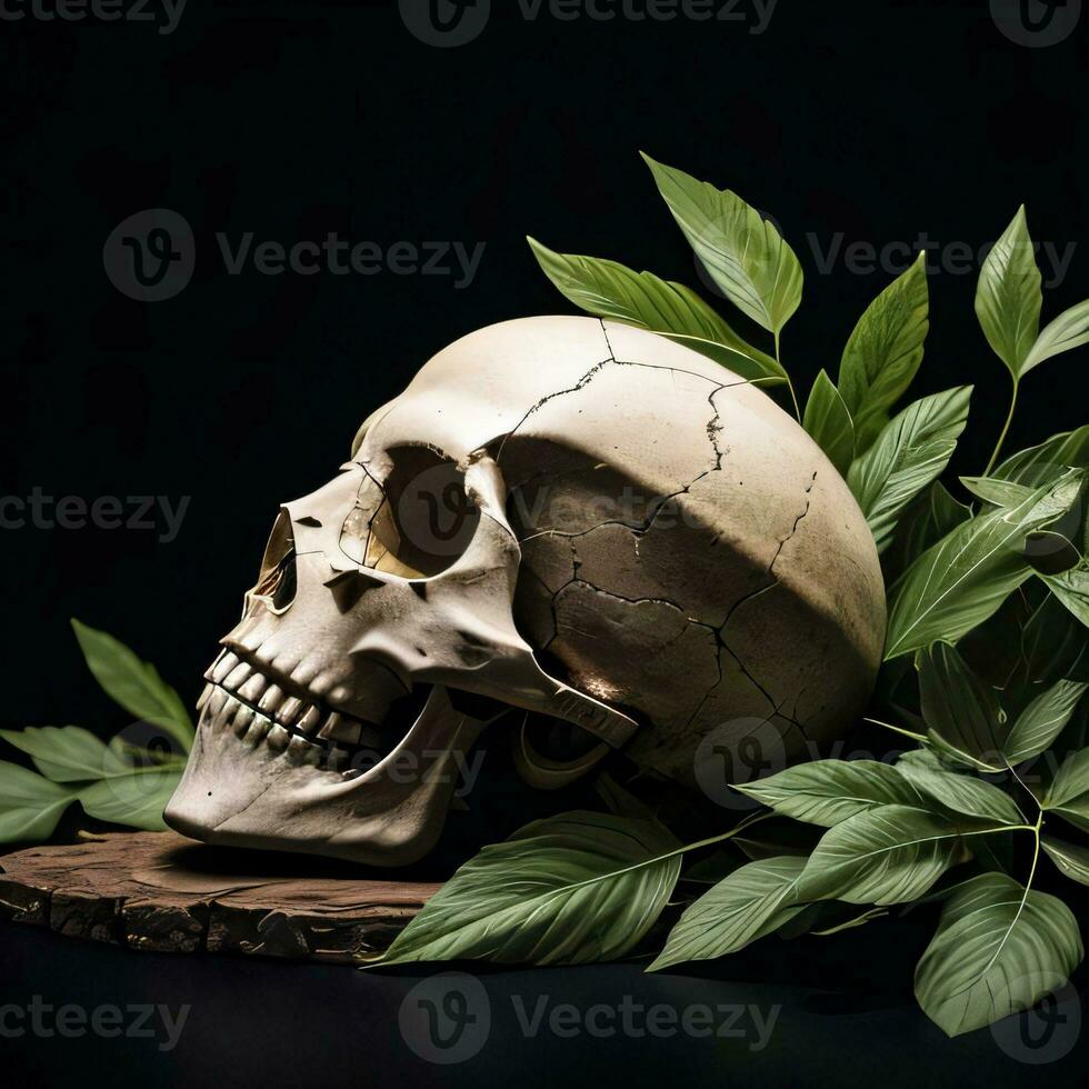 Skull and foliage on the black background photo