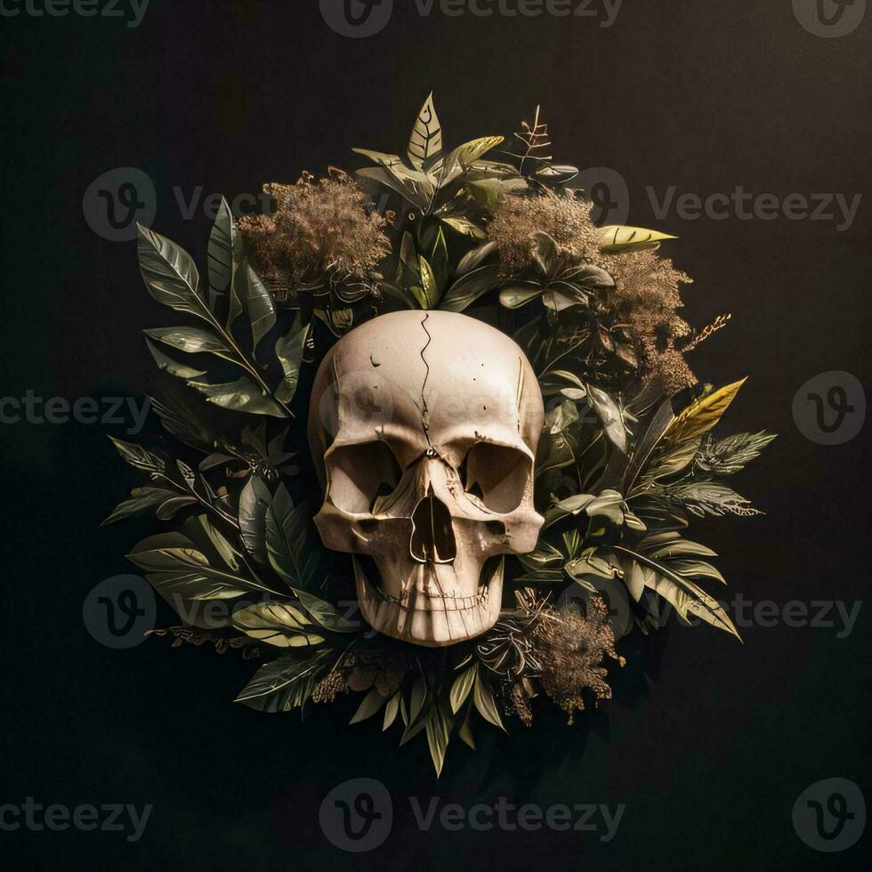 Skull and foliage on the black background photo