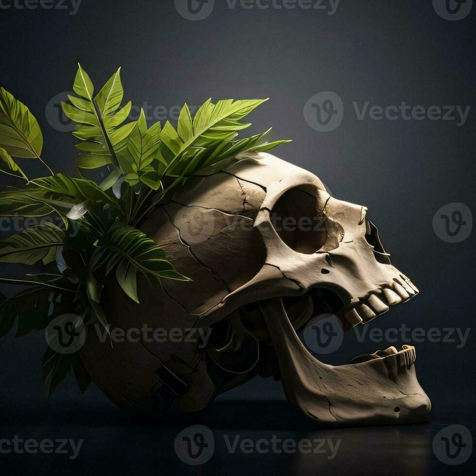 Skull and foliage on the black background photo