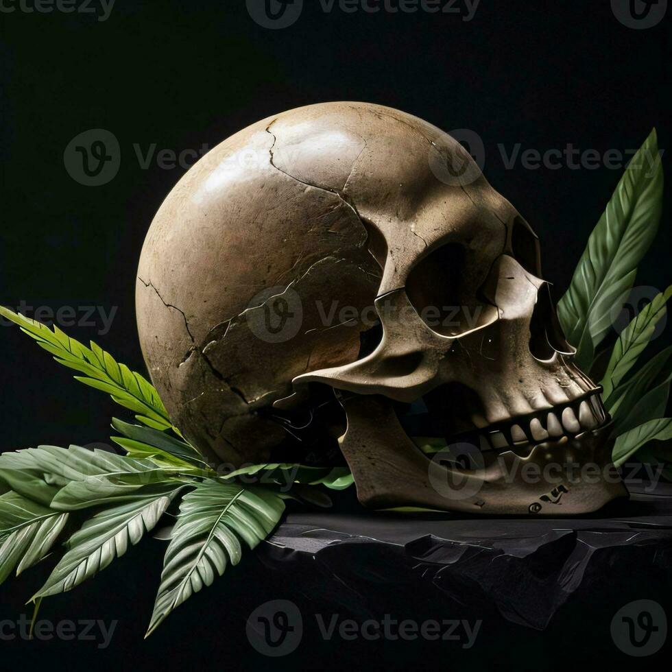 Skull and foliage on the black background photo