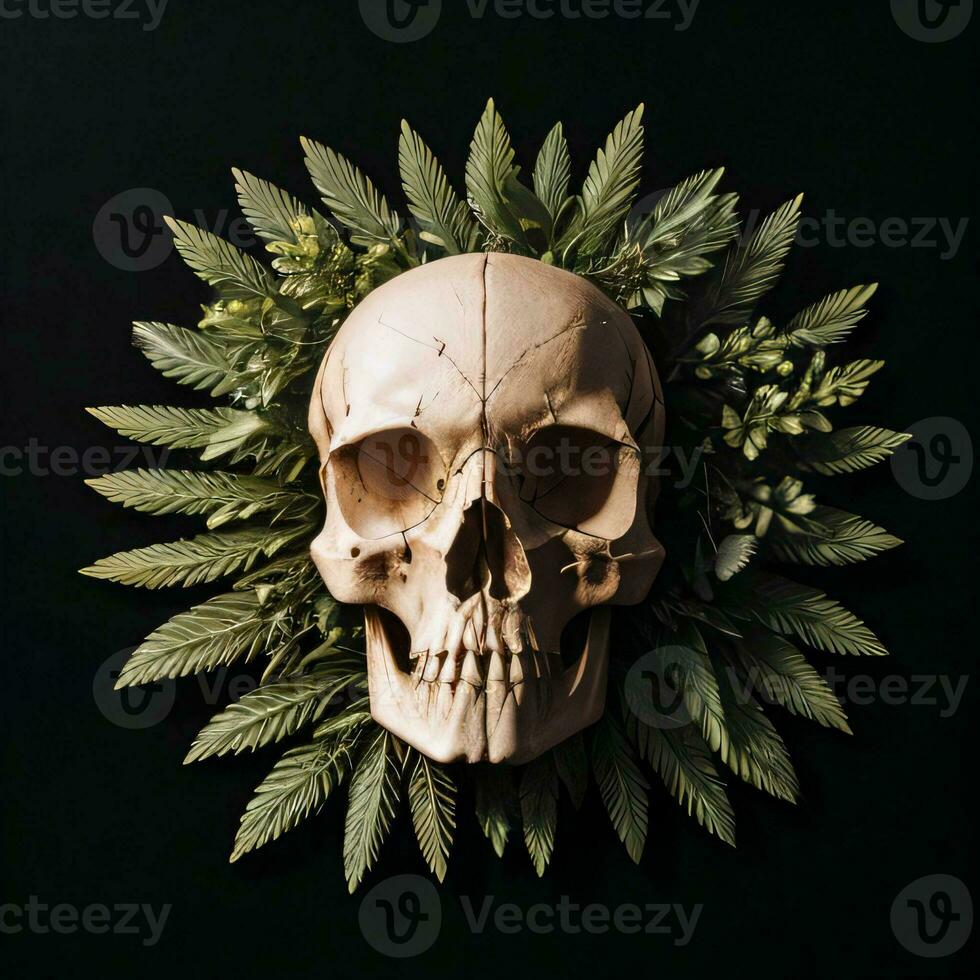 Skull and foliage on the black background photo