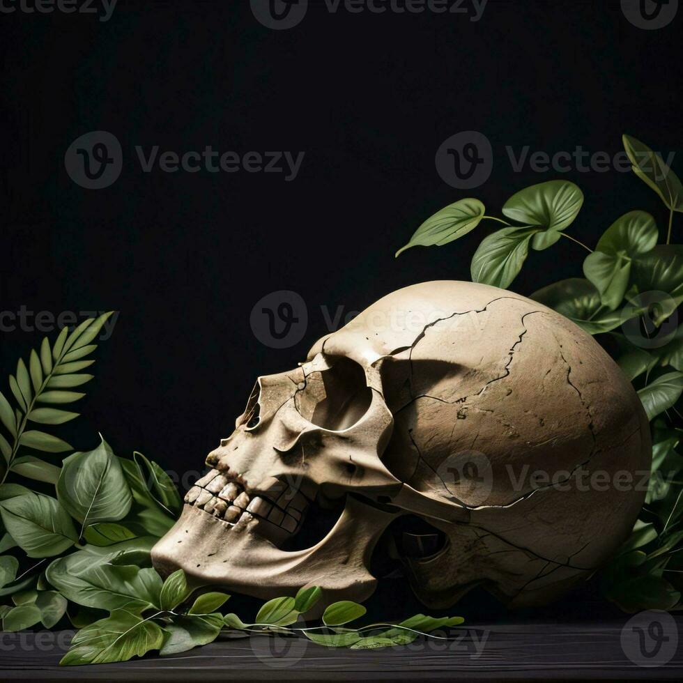 Skull and foliage on the black background photo