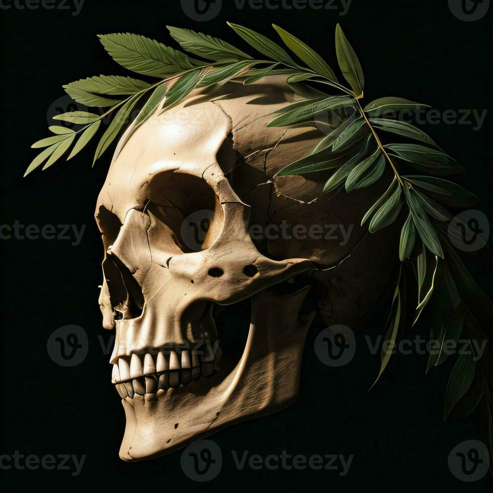 Skull and foliage on the black background photo