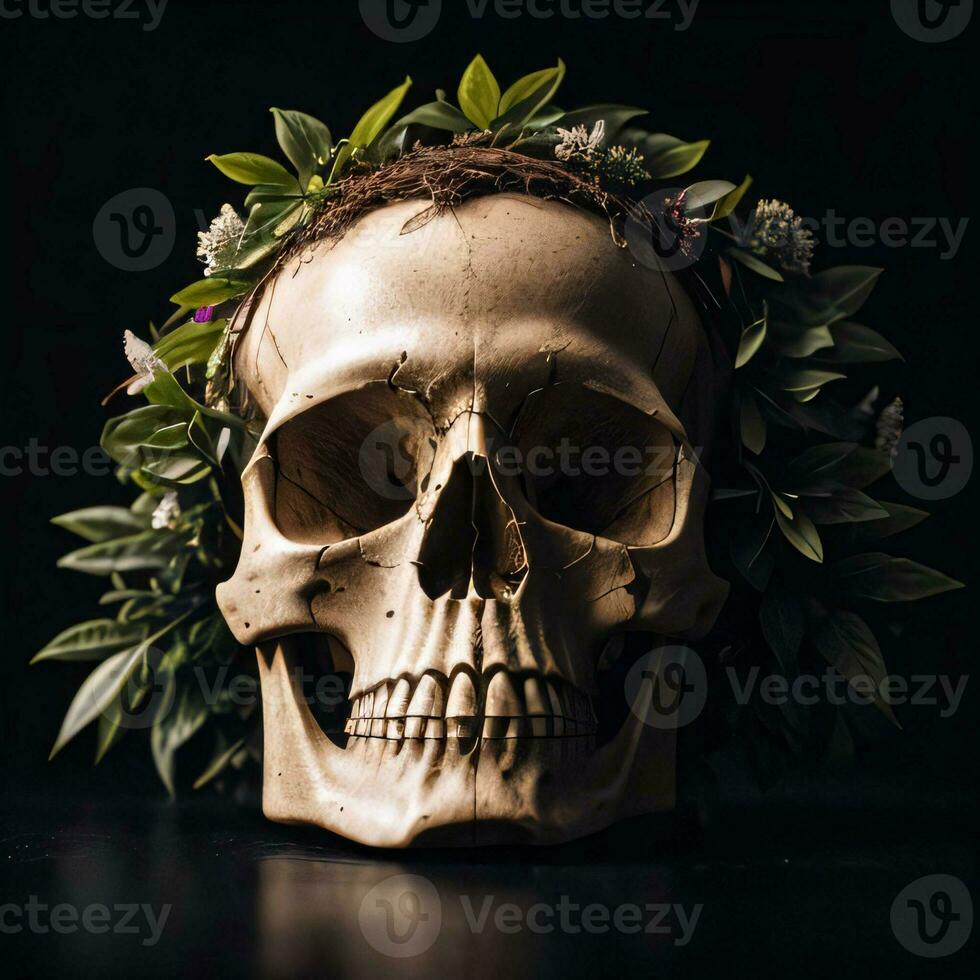 Skull and foliage on the black background photo