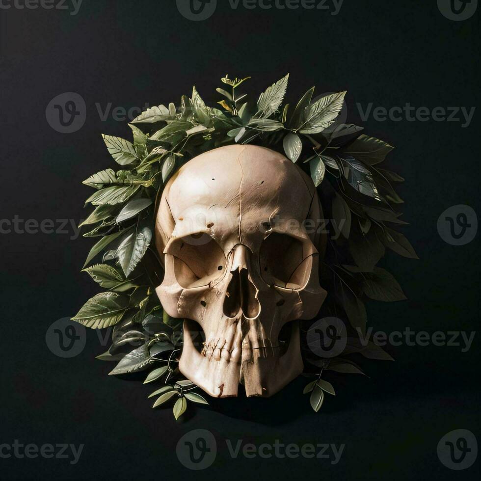 Skull and foliage on the black background photo