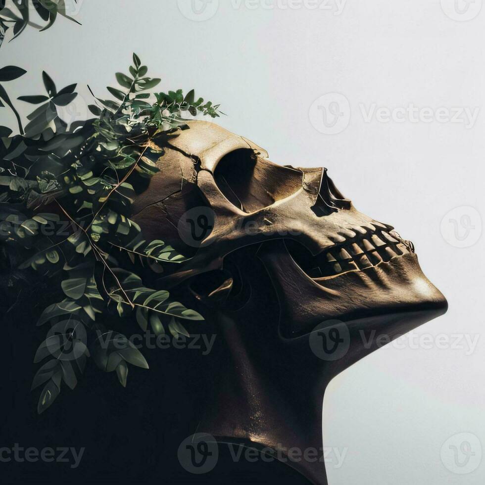 Skull and foliage on the black background photo