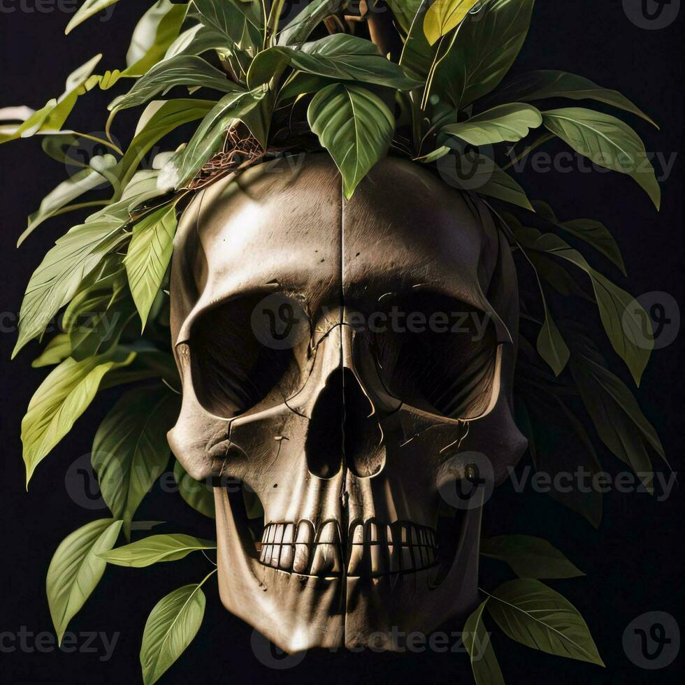 Skull and foliage on the black background photo