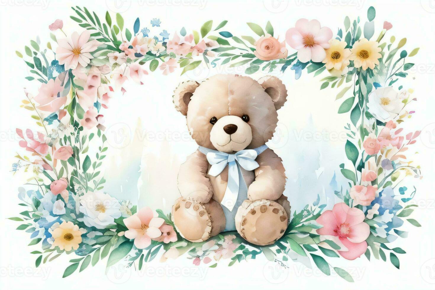 Watercolor Wedding or Birthday Greetings Card Background with Teddy Bear photo