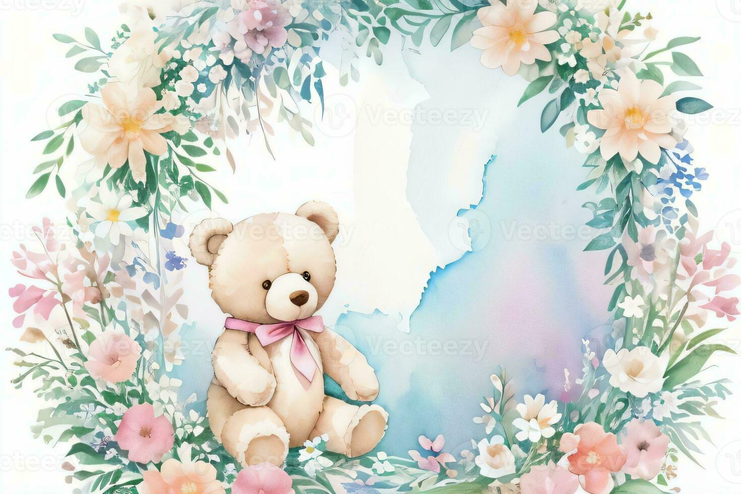 Watercolor Wedding or Birthday Greetings Card Background with Teddy Bear photo