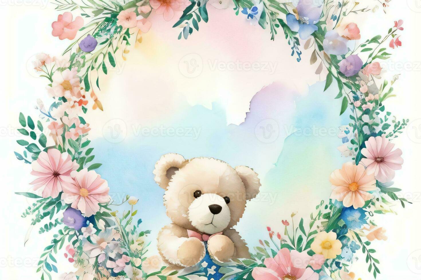 Watercolor Wedding or Birthday Greetings Card Background with Teddy Bear photo