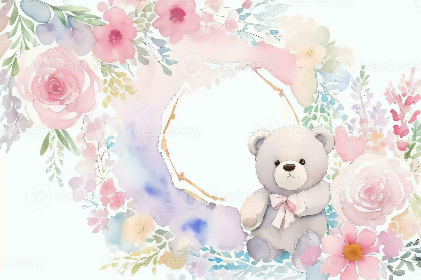 Watercolor Wedding or Birthday Greetings Card Background with Teddy Bear photo