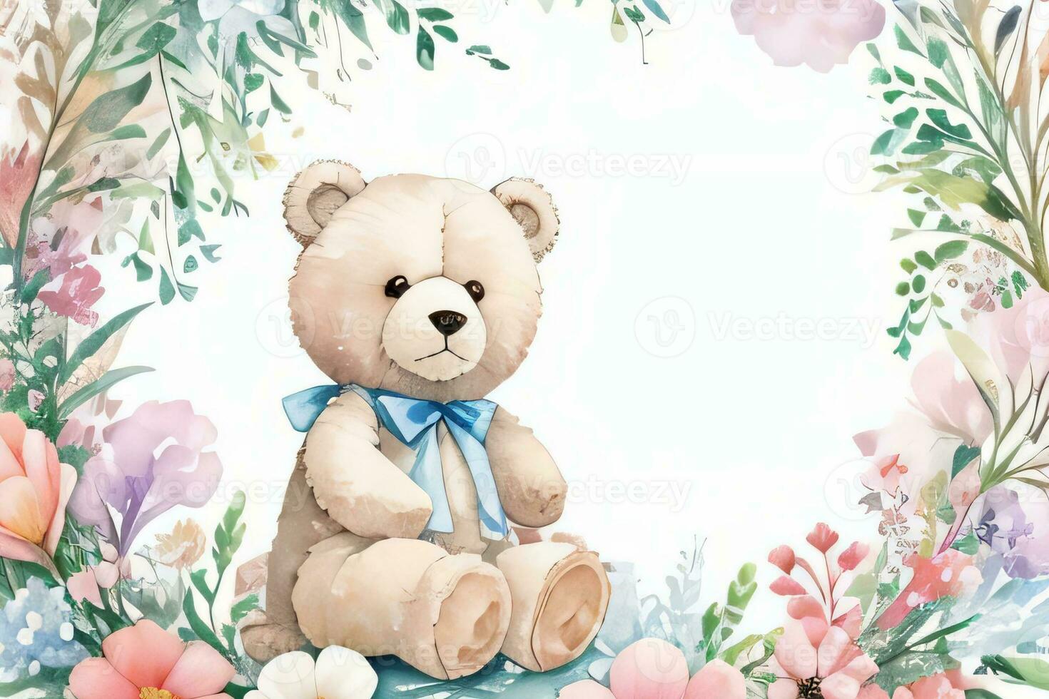 Watercolor Wedding or Birthday Greetings Card Background with Teddy Bear photo